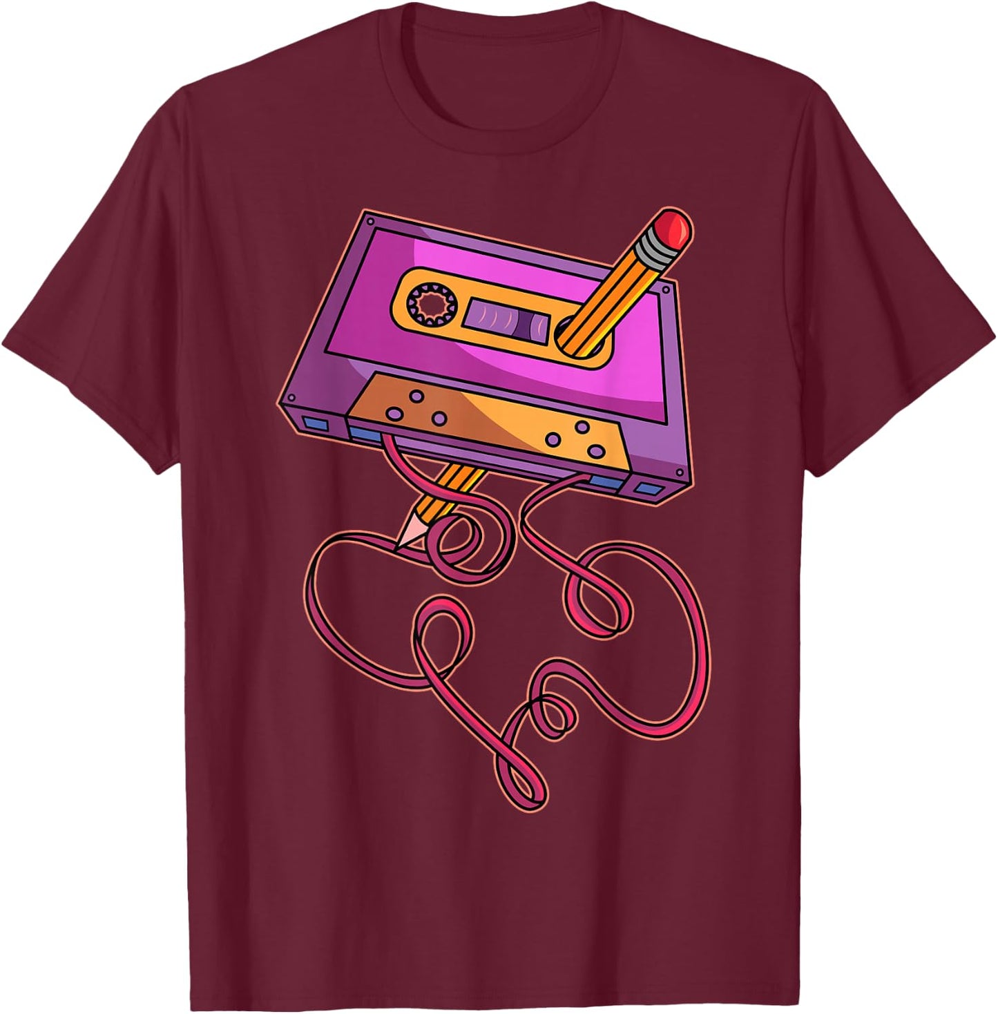 80s Cassette Tape Pencil 1980s Retro Vintage Throwback Music Short Sleeve T-Shirt - T-Shirt | Maroon
