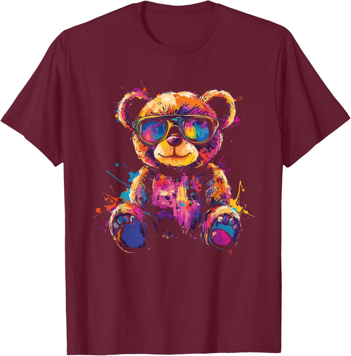 Cool Colourful Bear with Sunglasses , black T-Shirt - T-Shirt | Maroon