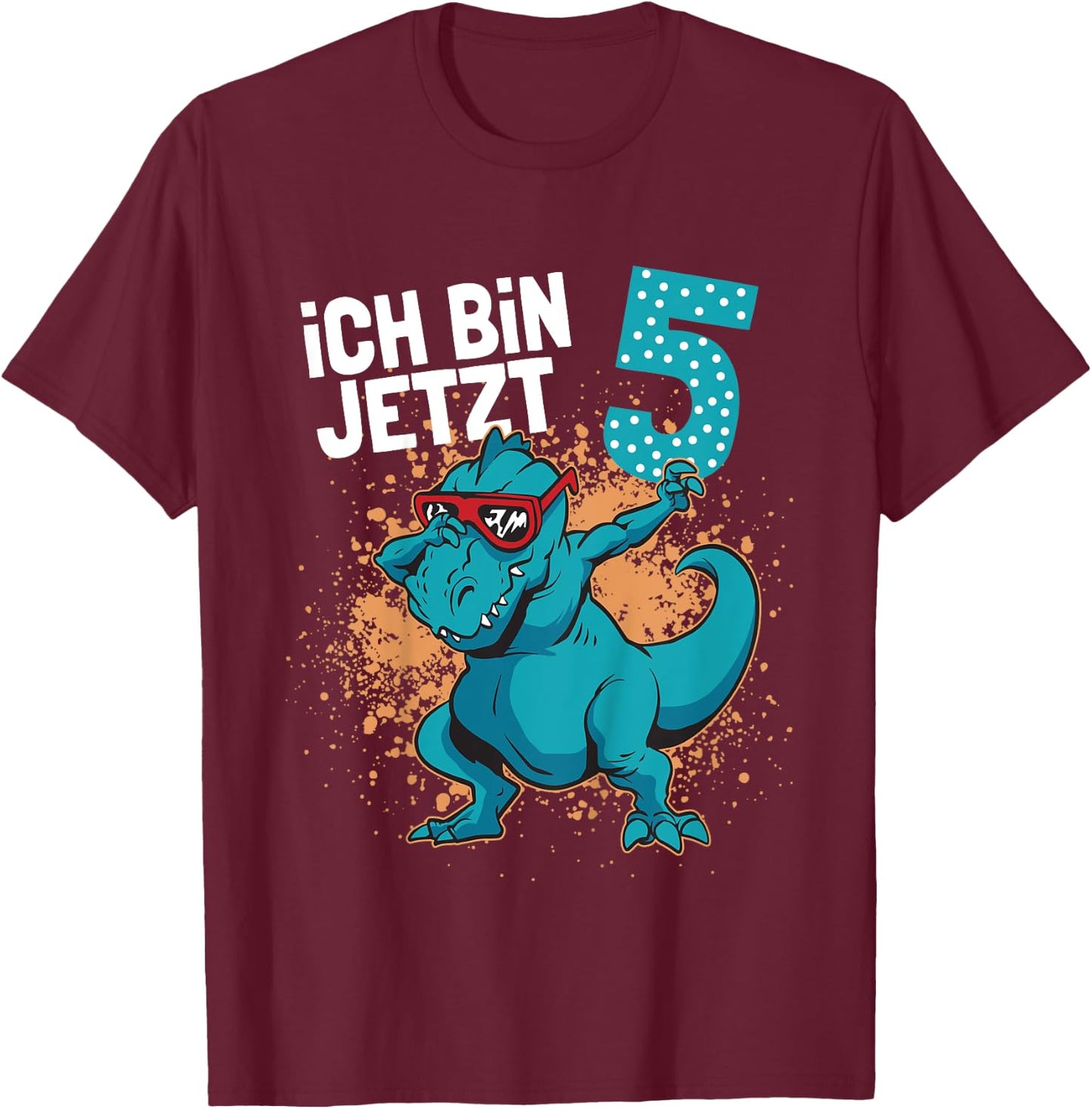 Children's Birthday Shirt 5 Years Boy Dinosaur | Dino Ich Bin 5 , black T-Shirt - T-Shirt | Maroon