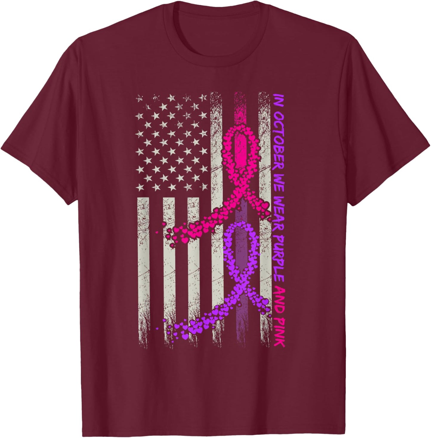American Flag Breast Cancer and Domestic Violence Awareness T-Shirt - T-Shirt | Maroon