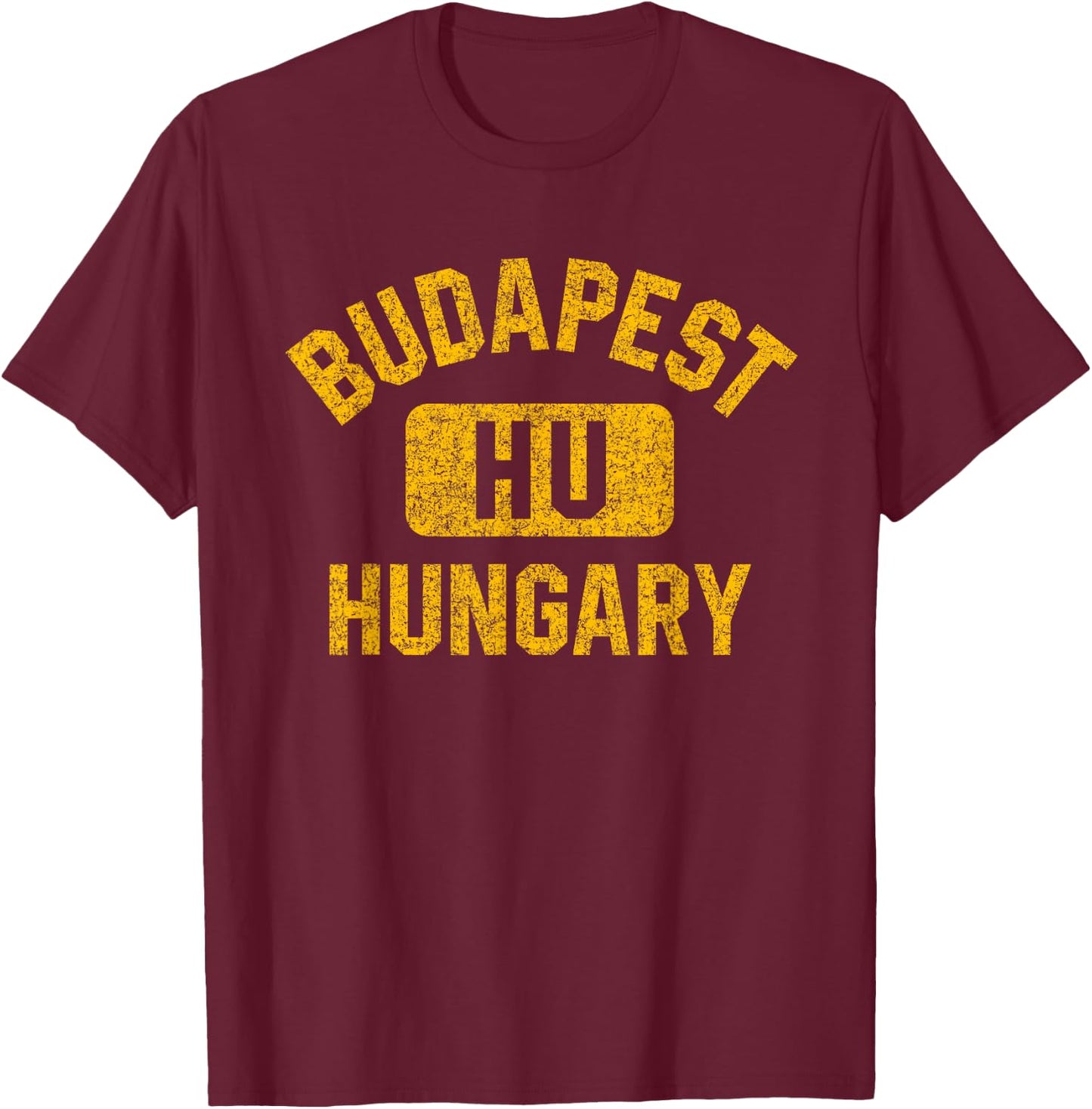 Budapest Hungary Gym Style Distressed Amber Print T-Shirt - T-Shirt | Maroon