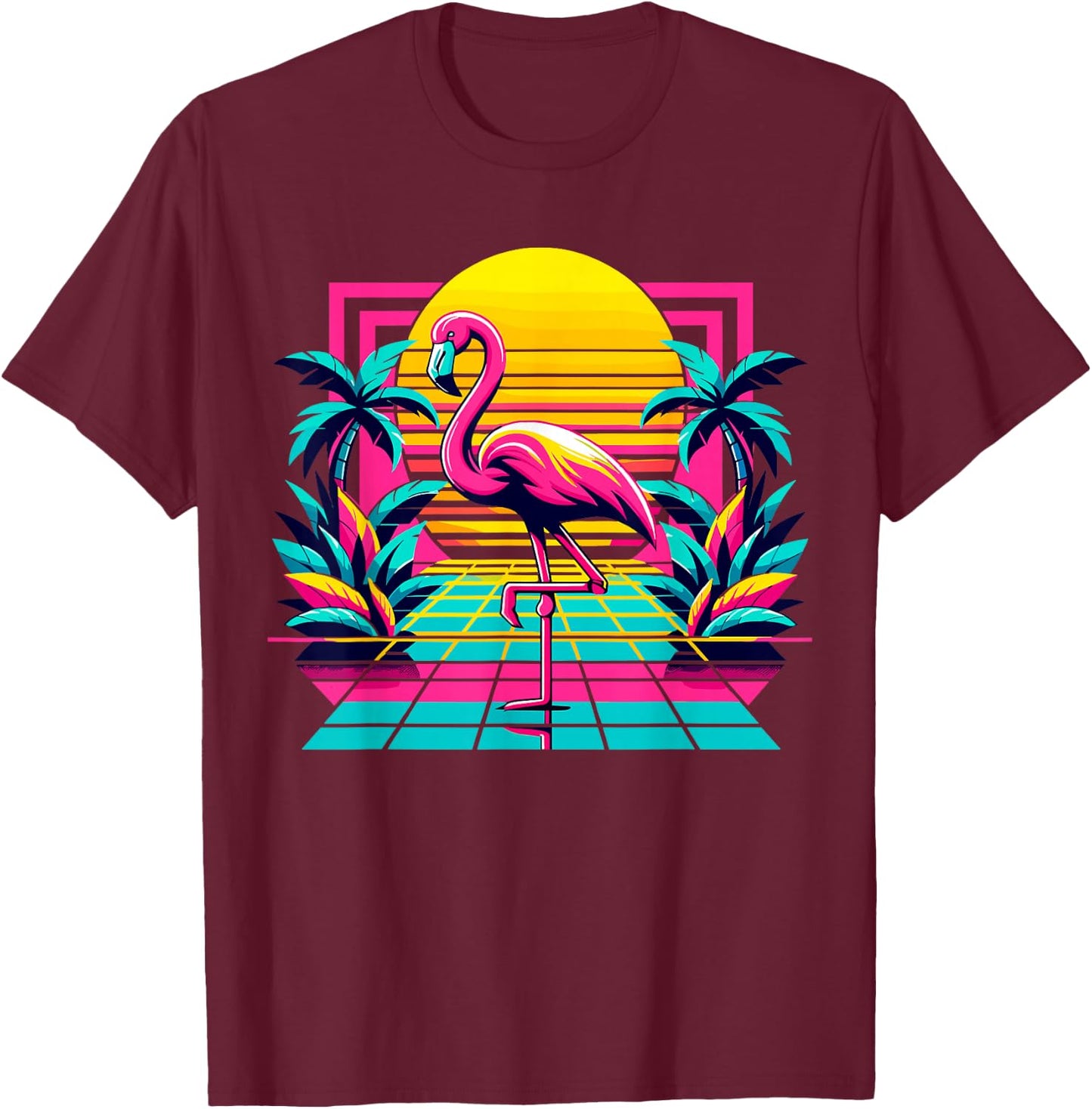 Pink Flamingo Palm Trees Tropical Summer T-Shirt - T-Shirt | Maroon