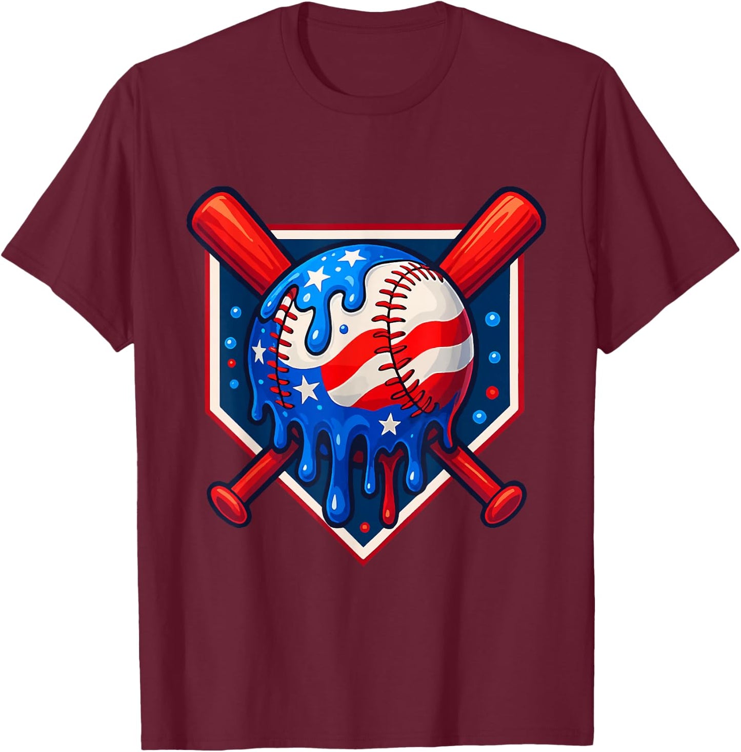 Funny America Baseball Drip Ice Cream 4th Of July US Flag T-Shirt - T-Shirt | Maroon