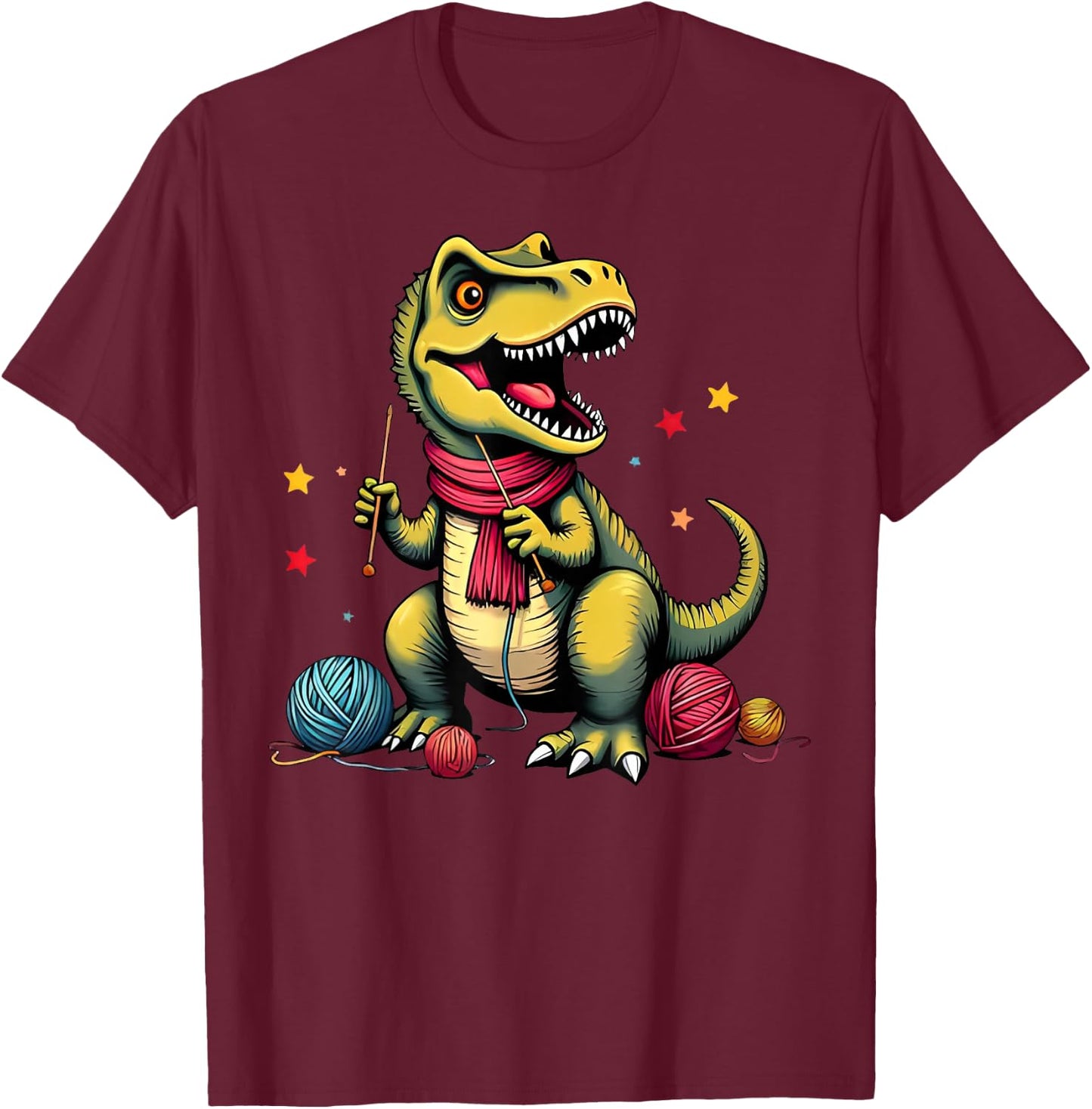 Cute Crochet Yarn Dinosaur T Rex Knitting Crochet T-Shirt - T-Shirt | Maroon