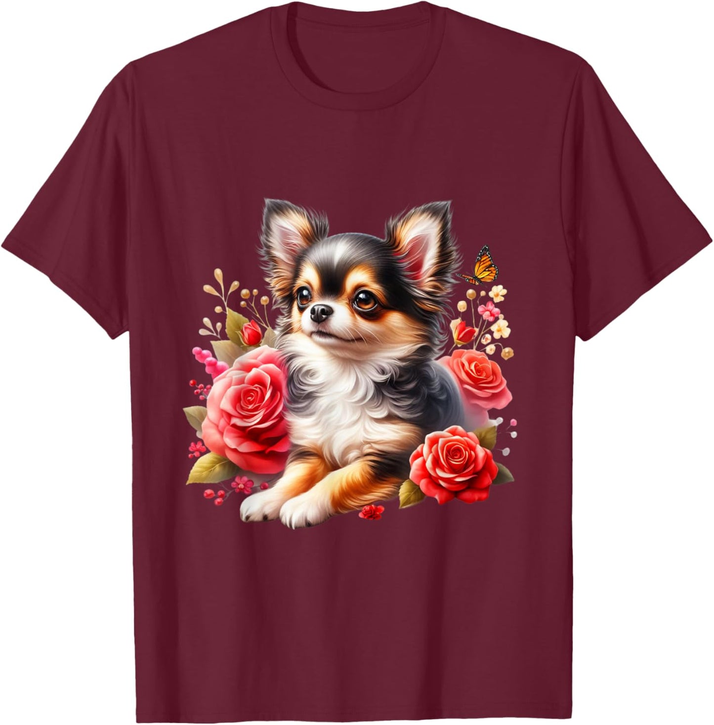 Chihuahua Floral Watercolor Long Hair Chihuahua , Black, S T-Shirt - T-Shirt | Maroon