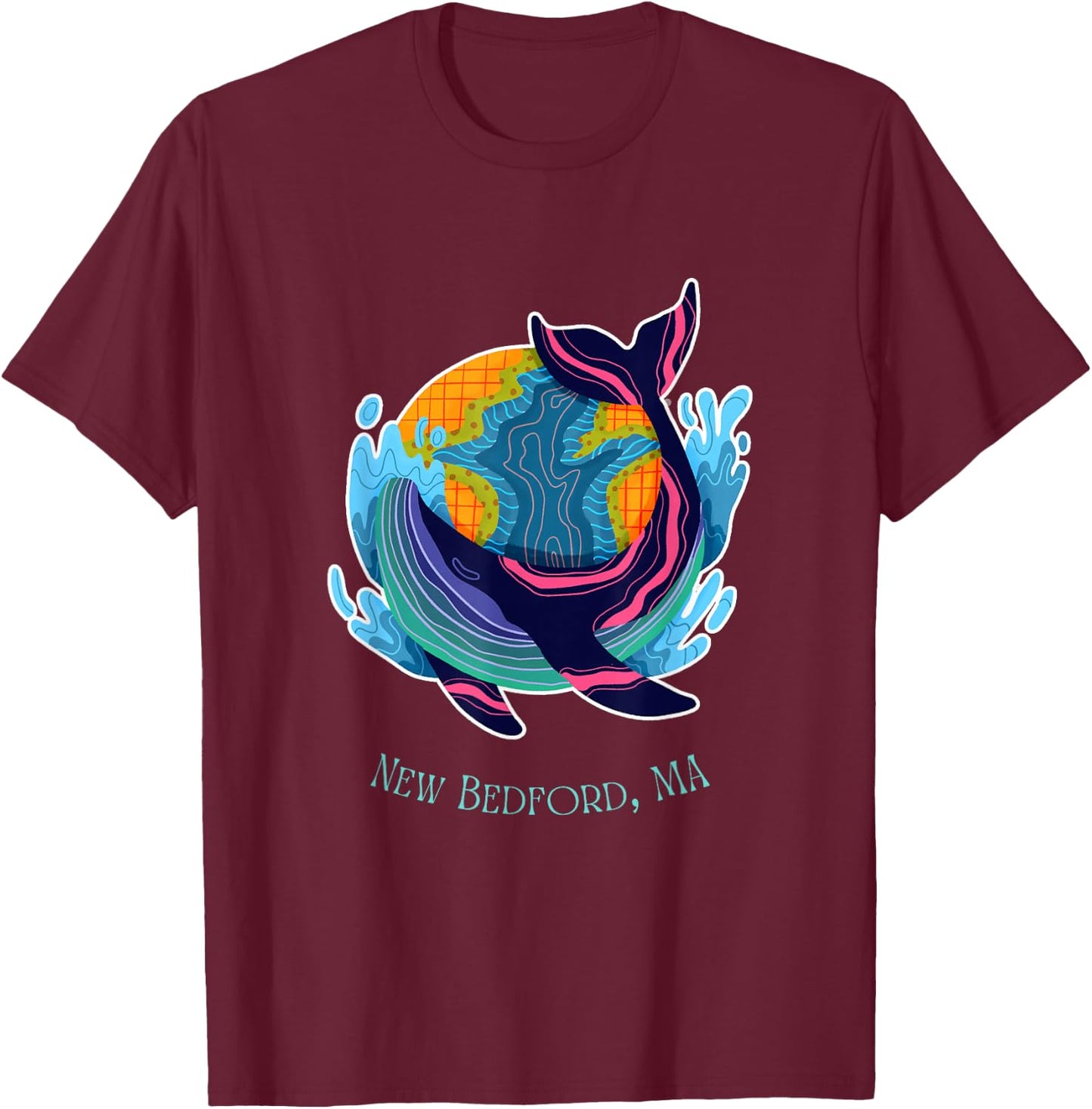 New Bedford, MA Colorful Abstract Indigo Whale Design T-Shirt - T-Shirt | Maroon