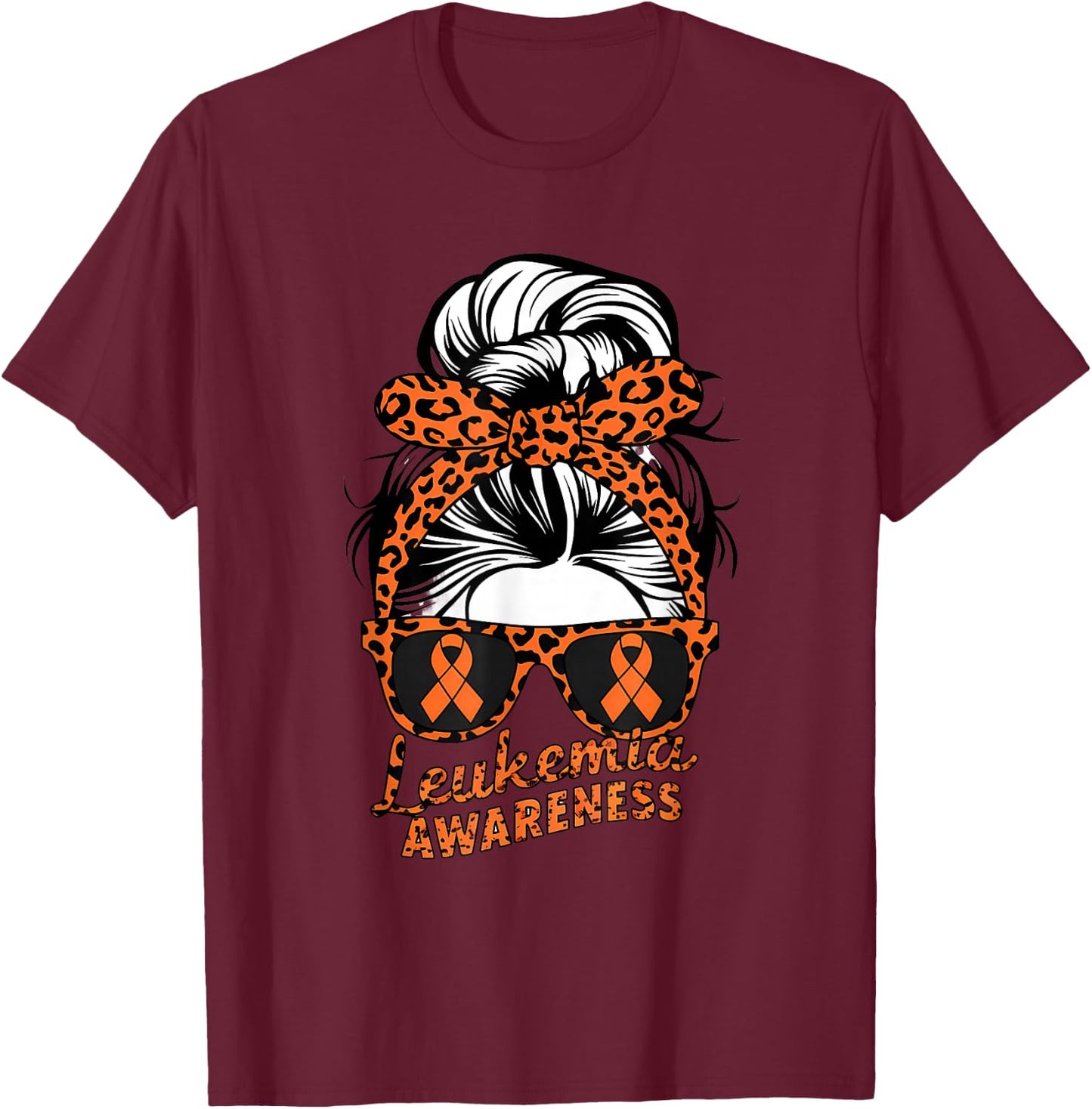 Leukemia Cancer Awareness Leopard Scarf Girl Orange Ribbon T-Shirt - T-Shirt | Maroon