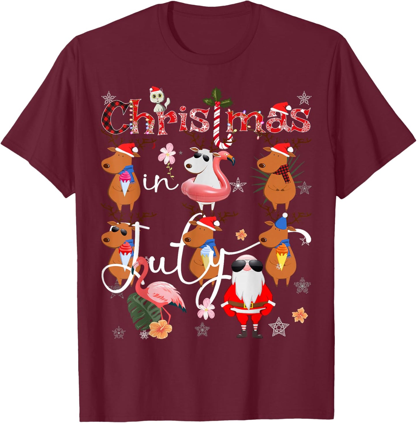 Christmas in July Funny Santa Reindeer Flamingos Summer T-Shirt - T-Shirt | Maroon