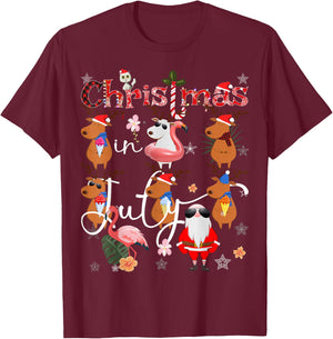 Christmas in July Funny Santa Reindeer Flamingos Summer T-Shirt - T-Shirt | Maroon