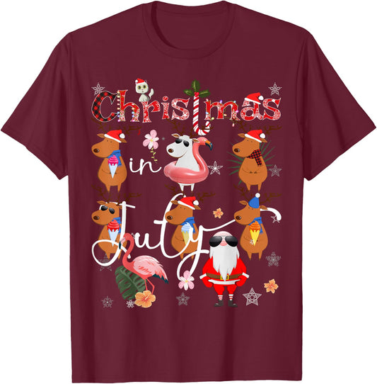 Christmas in July Funny Santa Reindeer Flamingos Summer T-Shirt - T-Shirt | Maroon