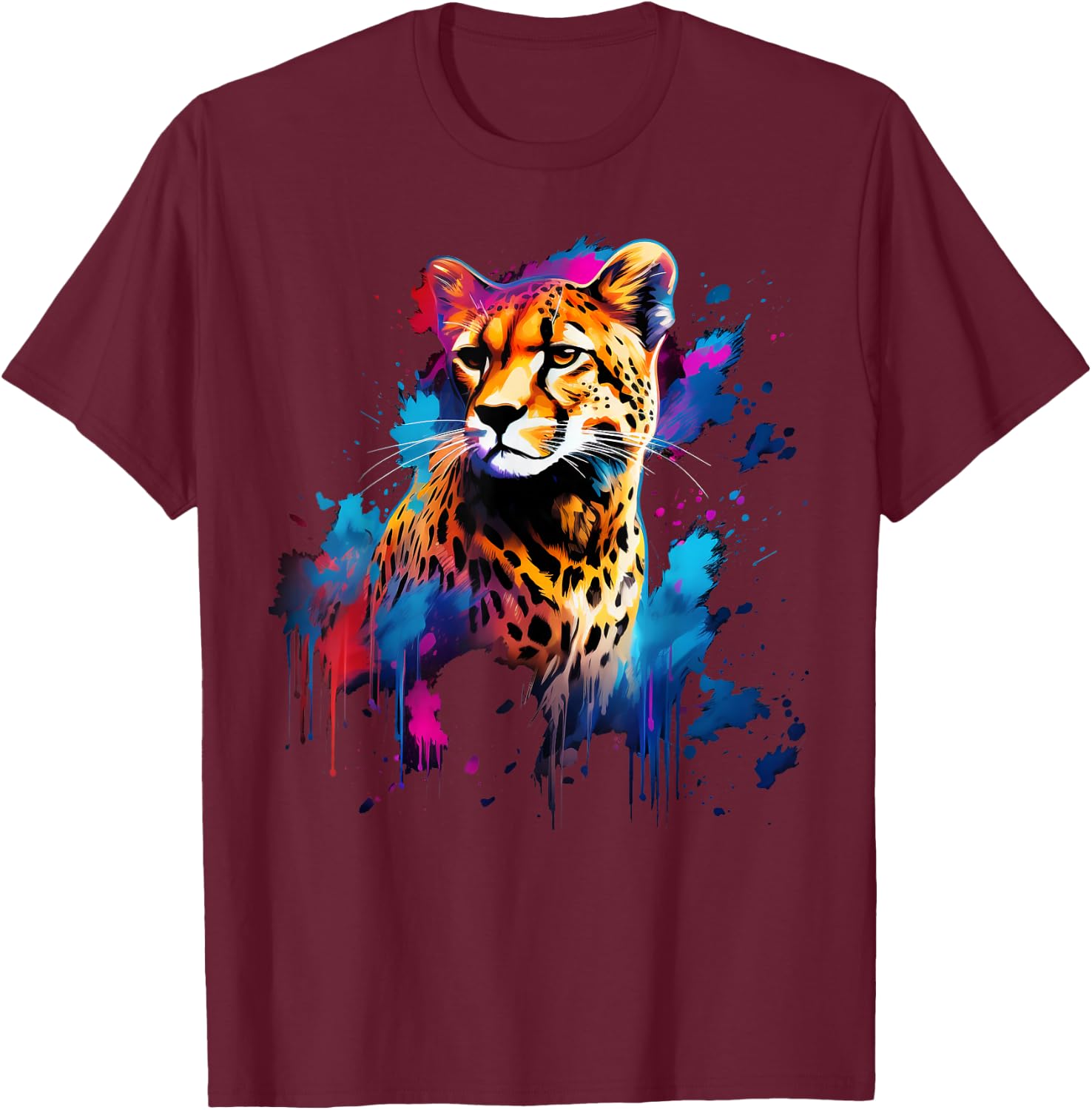 Cool Cheetah on Colourful Painted Cheetah , black T-Shirt - T-Shirt | Maroon