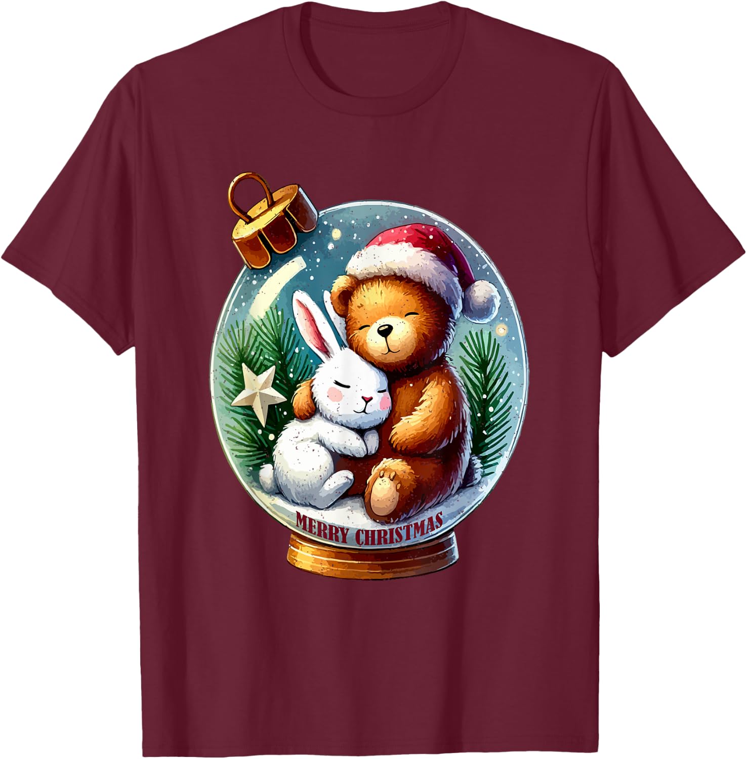 Bunny Bear Snowball Christmas Cute X-mas Festive Holiday T-Shirt - T-Shirt | Maroon