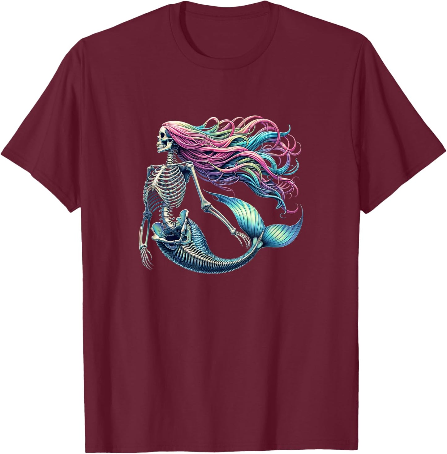 Mermaid Skeleton - Scary Halloween T-Shirt - T-Shirt | Maroon