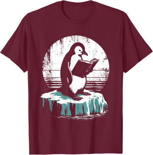 Penguin Reading A Book - Vintage Graphic Bookworm Lover T-Shirt - T-Shirt | Maroon