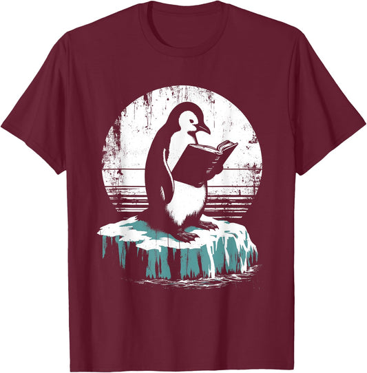 Penguin Reading A Book - Vintage Graphic Bookworm Lover T-Shirt - T-Shirt | Maroon