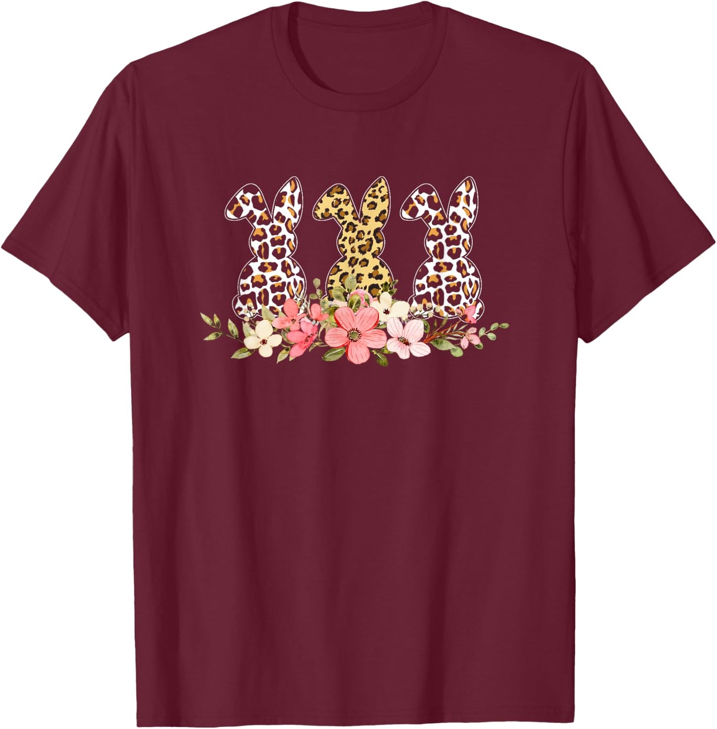 Cute Floral Easter Bunny Leopard Print for Rabbit Lovers T-Shirt - T-Shirt | Maroon