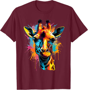 Giraffe Artwork Wildlife Savanna Portrait Colorful Splash T-Shirt - T-Shirt | Maroon