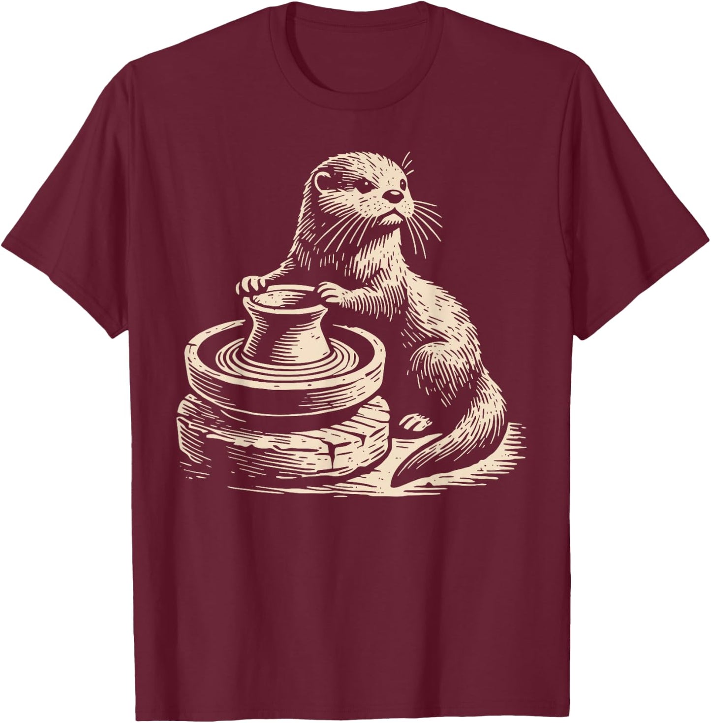 Retro Cute Otter At Pottery Wheel Throwing Ceramic Artist T-Shirt - T-Shirt | Maroon