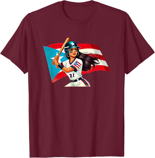 Puerto Rico Softball Baseball Boricua Flag Bat Helmet T-Shirt - T-Shirt | Maroon