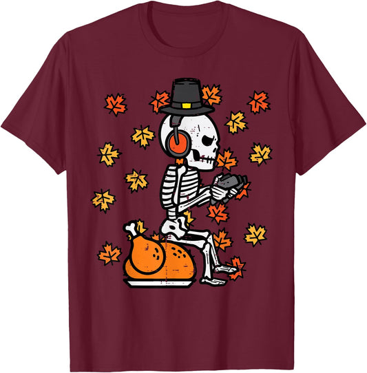 Thanksgiving Skeleton Gamer Turkey Day Fall Men Boys Kids T-Shirt - T-Shirt | Maroon