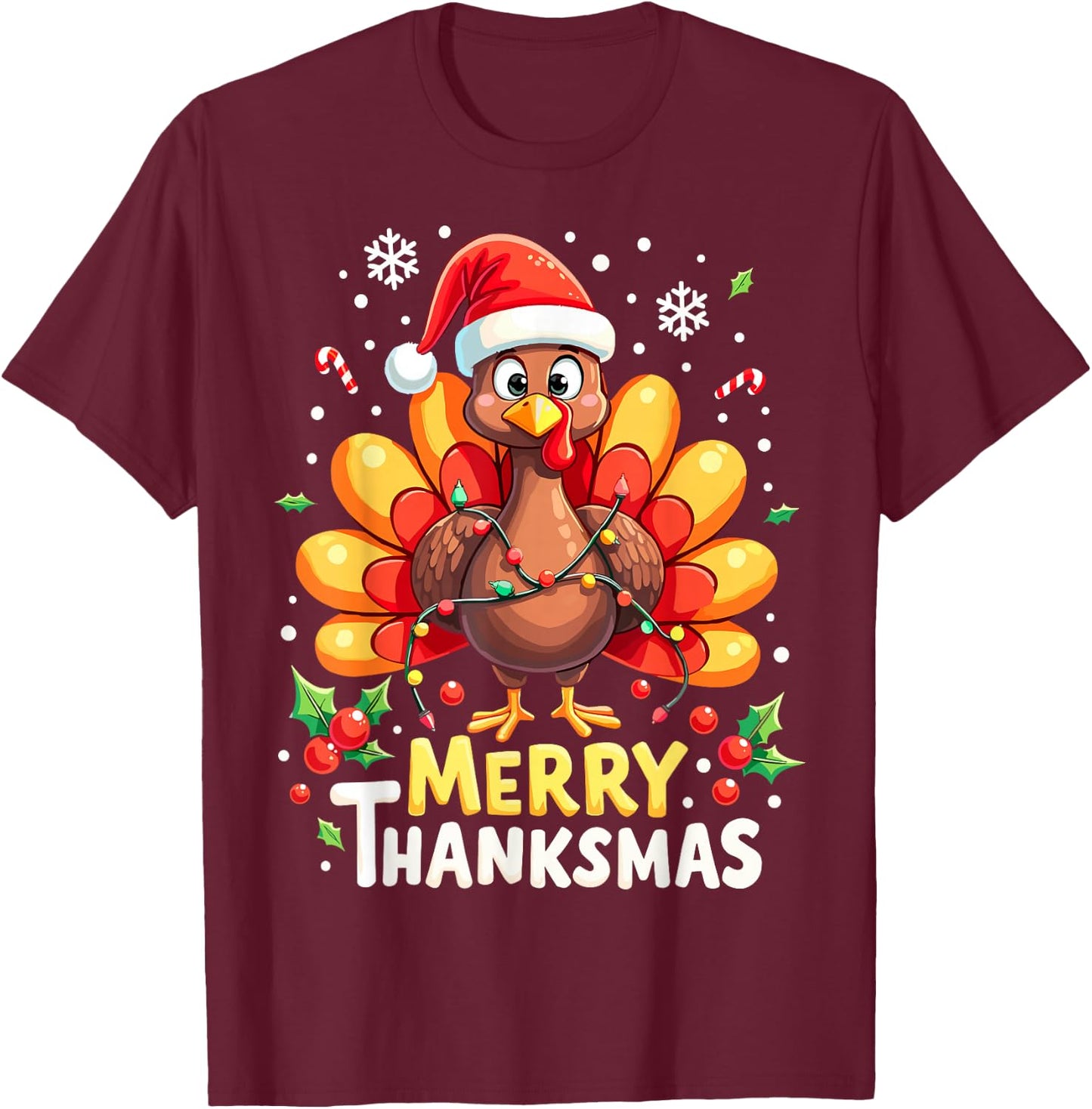 Turkey Santa Happy Merry Thanksmas Thanksgiving Christmas T-Shirt - T-Shirt | Maroon