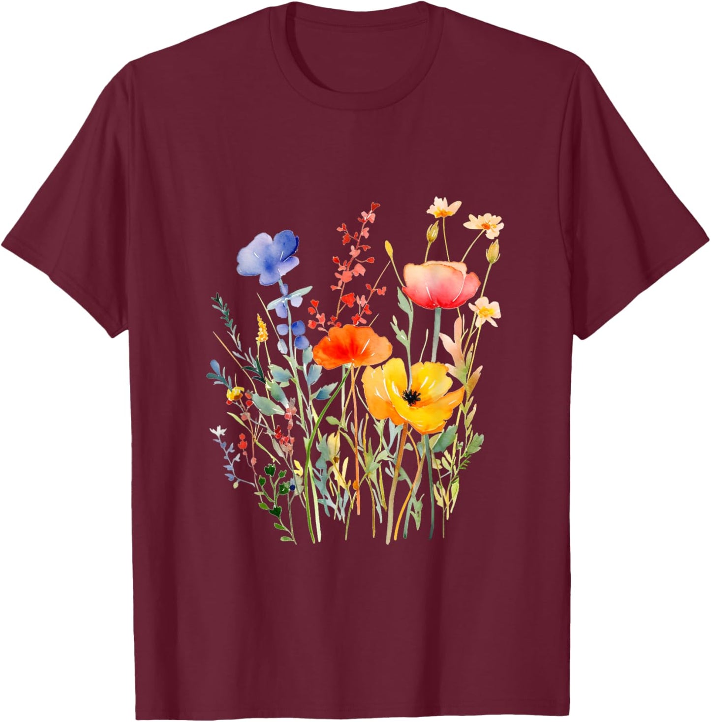 Wildflower Summer Flowers Floral Graphic Shirts Damen Schwarz Kurzarm Klein EU S T-Shirt - T-Shirt | Maroon