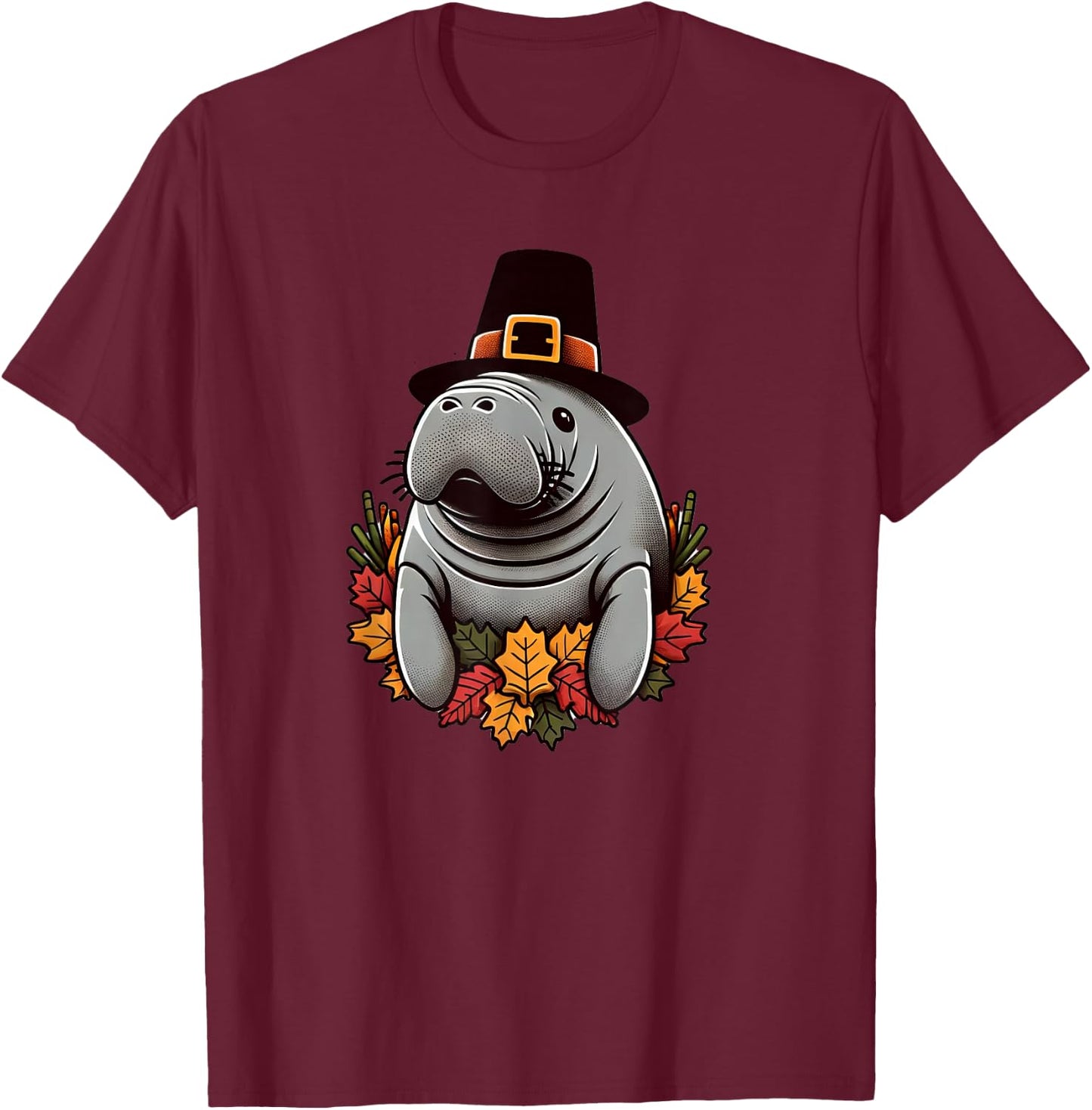 Thanksgiving Manatee Pilgrim Hat Sea Cow Autumn Fall T-Shirt - T-Shirt | Maroon