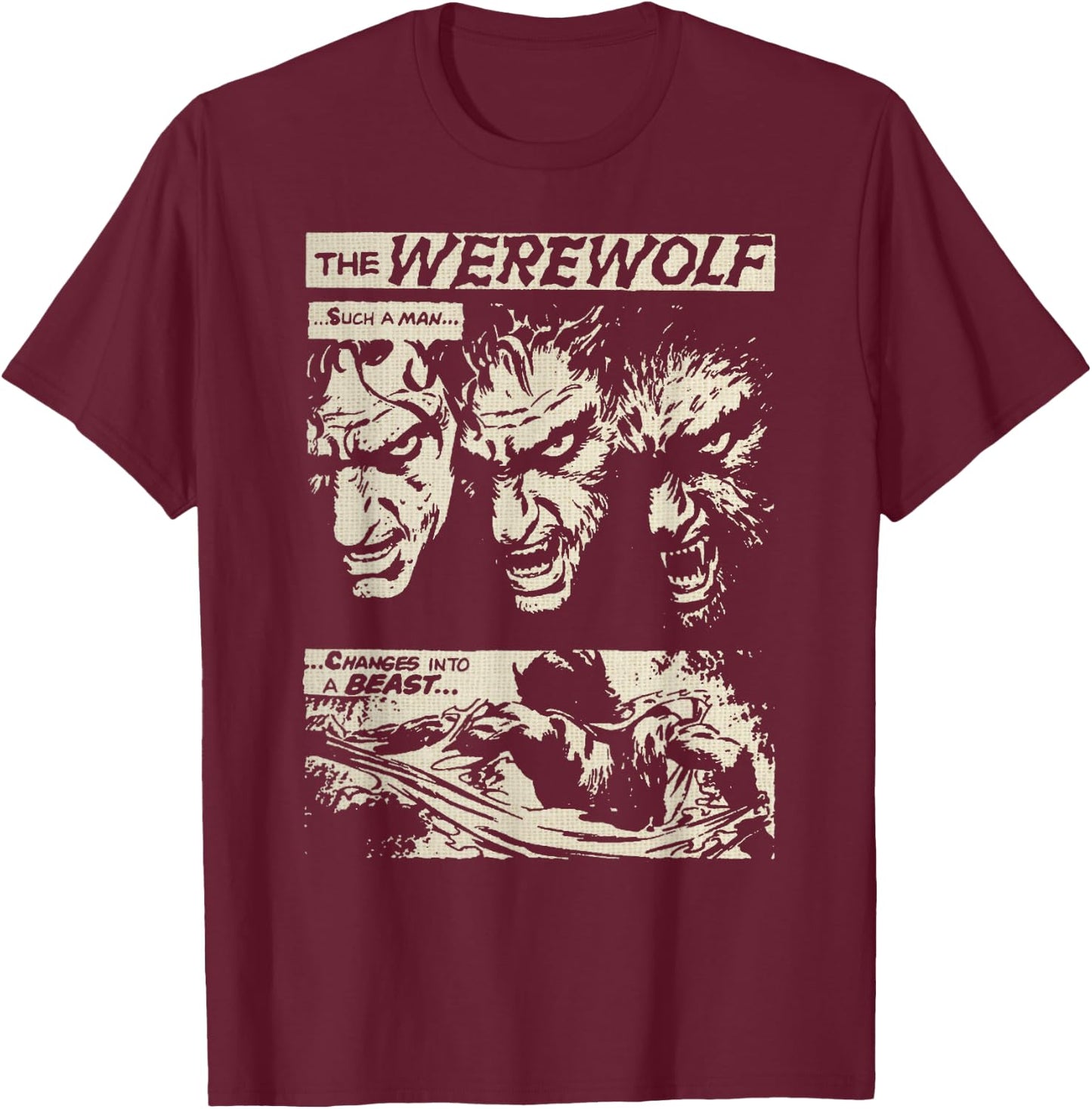 Classic Horror Movie Monster Horror Comic Werewolf Man Wolf T-Shirt - T-Shirt | Maroon