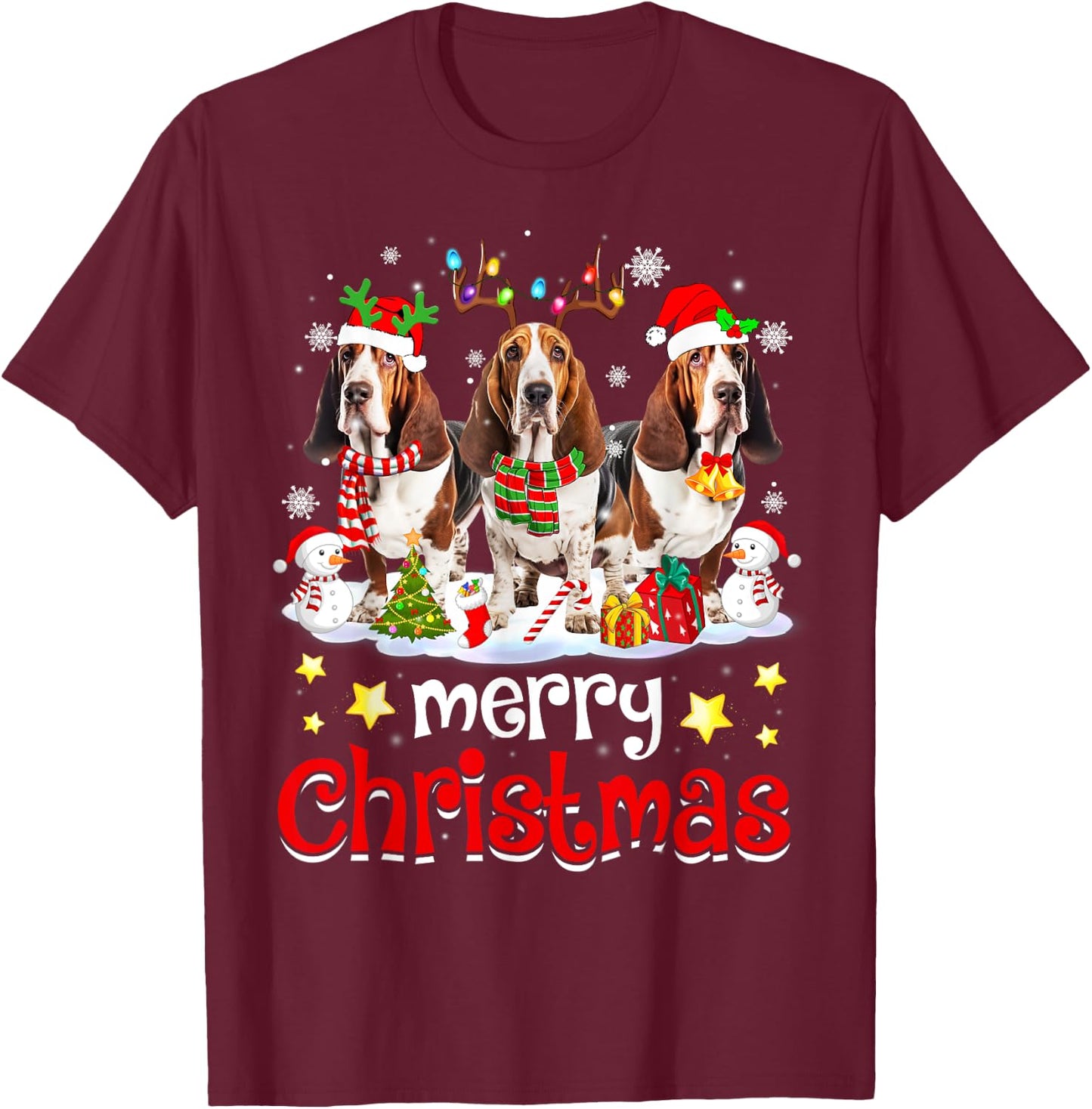 Basset Hound Christmas with Decorations Xmas T-Shirt - T-Shirt | Maroon