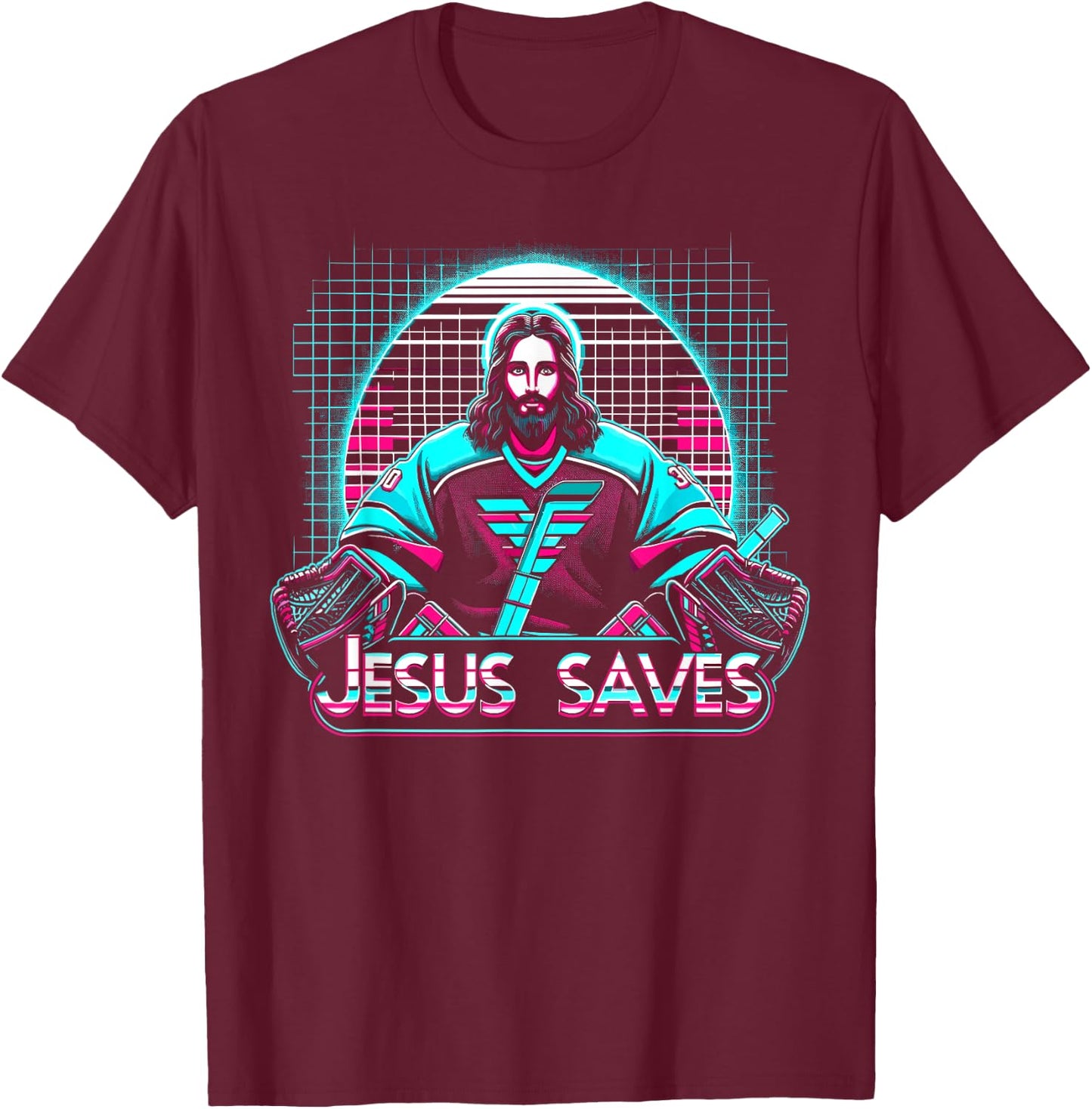 Vaporwave Jesus Saves Ice Hockey Goalie T-Shirt - T-Shirt | Maroon