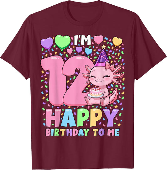 Girls Axolotl Birthday Shirt | 12 Years Old Birthday Axolotl T-Shirt - T-Shirt | Maroon