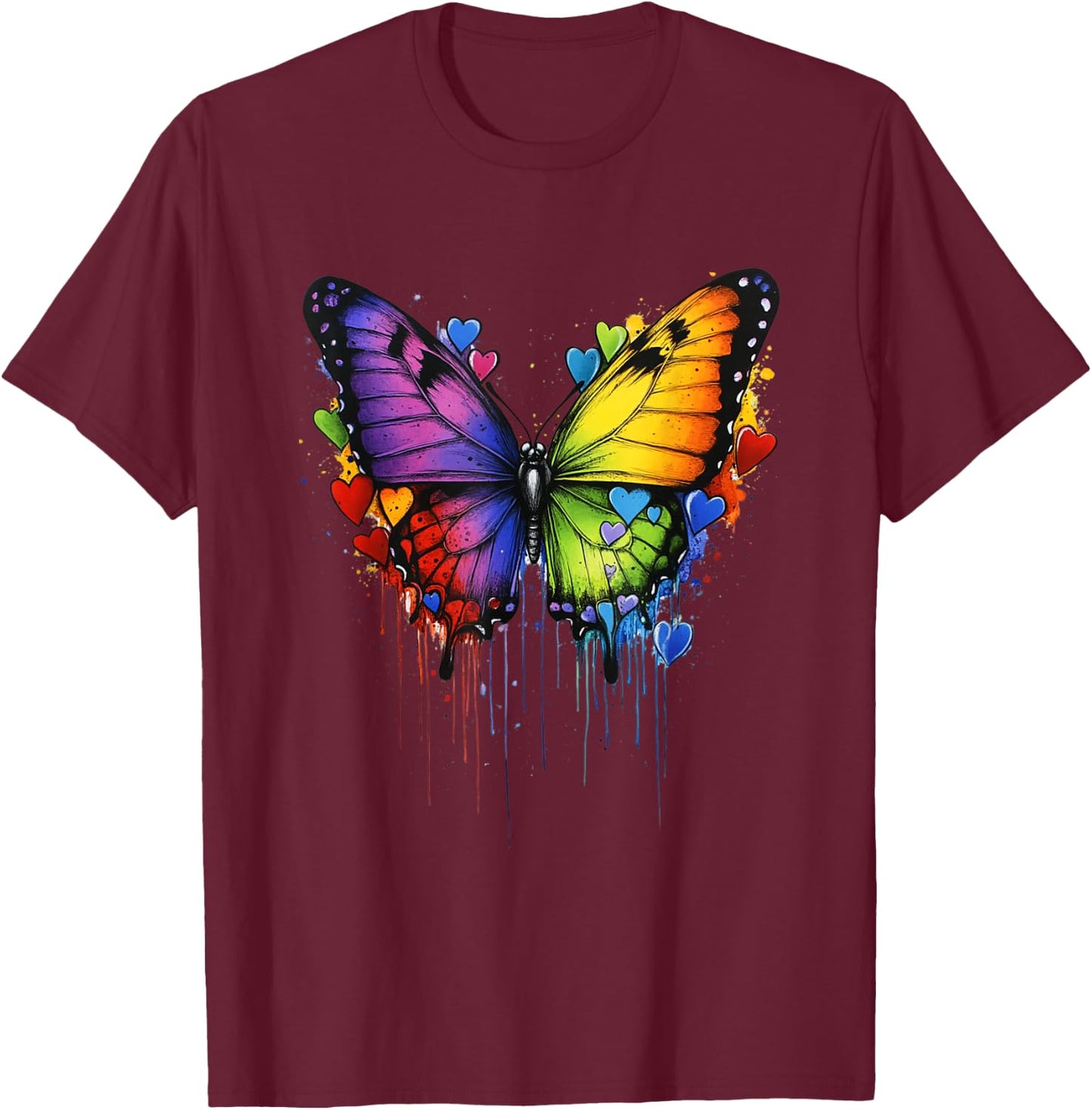 Colorful Butterfly Hearts Graphic Men Women Valentines Day T-Shirt - T-Shirt | Maroon