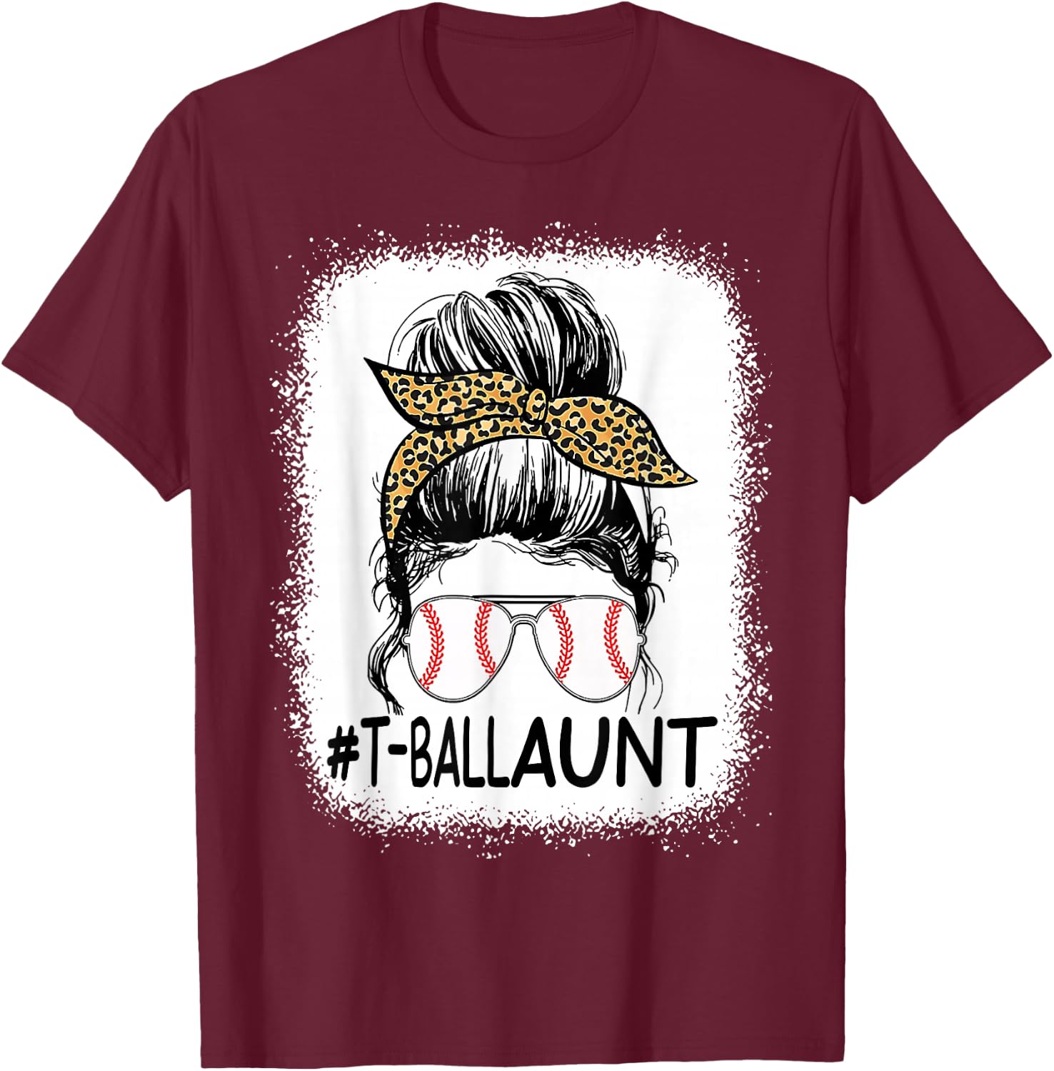 Bleached T-ball Aunt Life Messy Bun Leopard Baseball T-Shirt - T-Shirt | Maroon