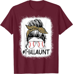 Bleached T-ball Aunt Life Messy Bun Leopard Baseball T-Shirt - T-Shirt | Maroon