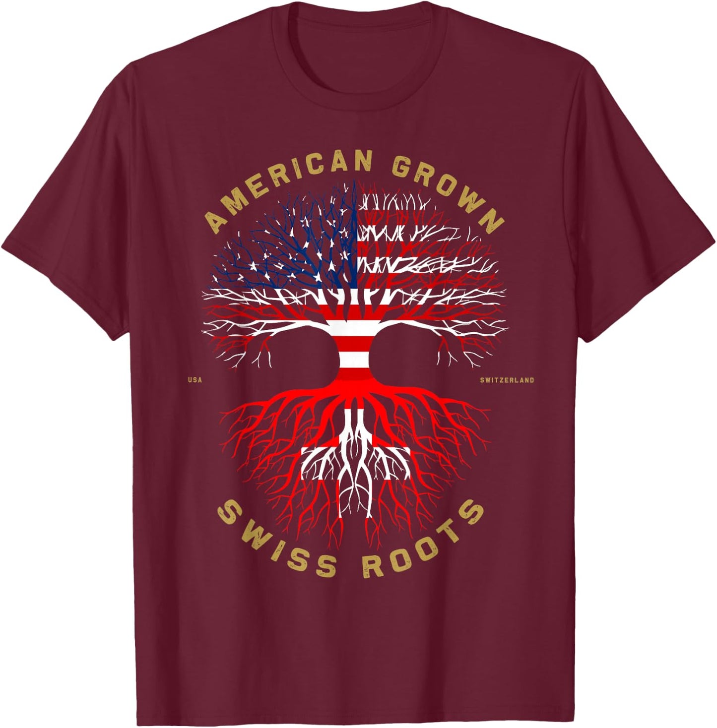 American Grown With Swiss Roots Tree USA Flag Unique Gift T-Shirt - T-Shirt | Maroon