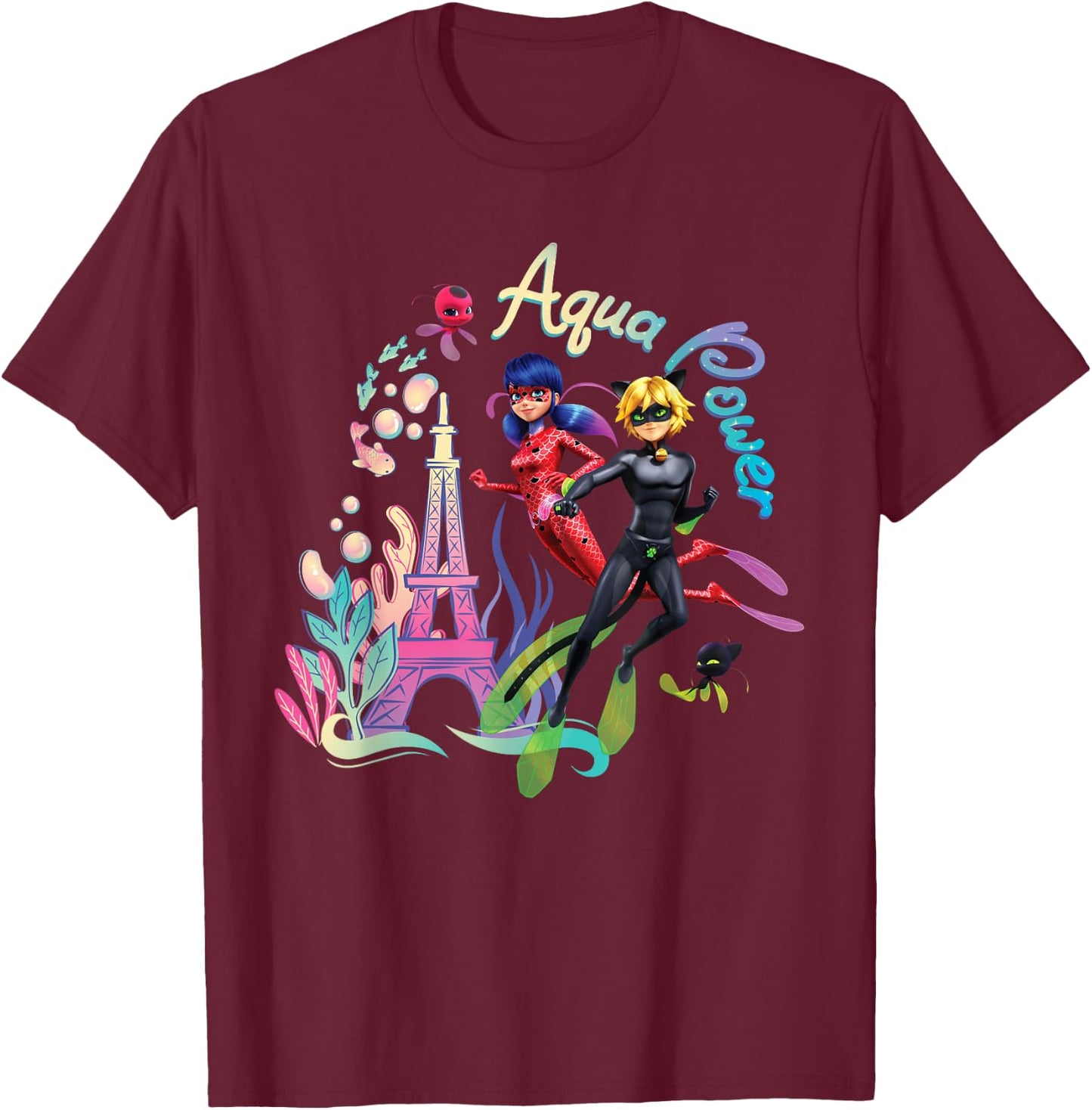 Miraculous Ladybug and Cat Noir Summer Aqua Power Underwater T-Shirt - T-Shirt | Maroon