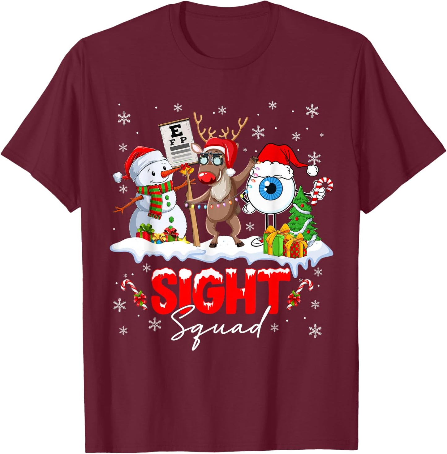 Christmas Sight Squad Santa Reindeer Optometrist Snowman T-Shirt - T-Shirt | Maroon