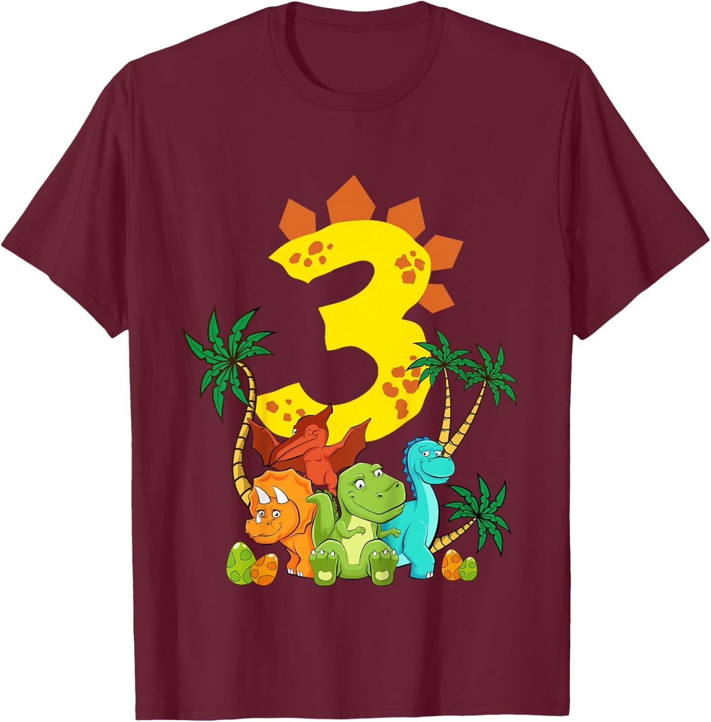 Children's 3 Years Birthday Boy Dinosaur Party Dino I Am 3 , black T-Shirt - T-Shirt | Maroon