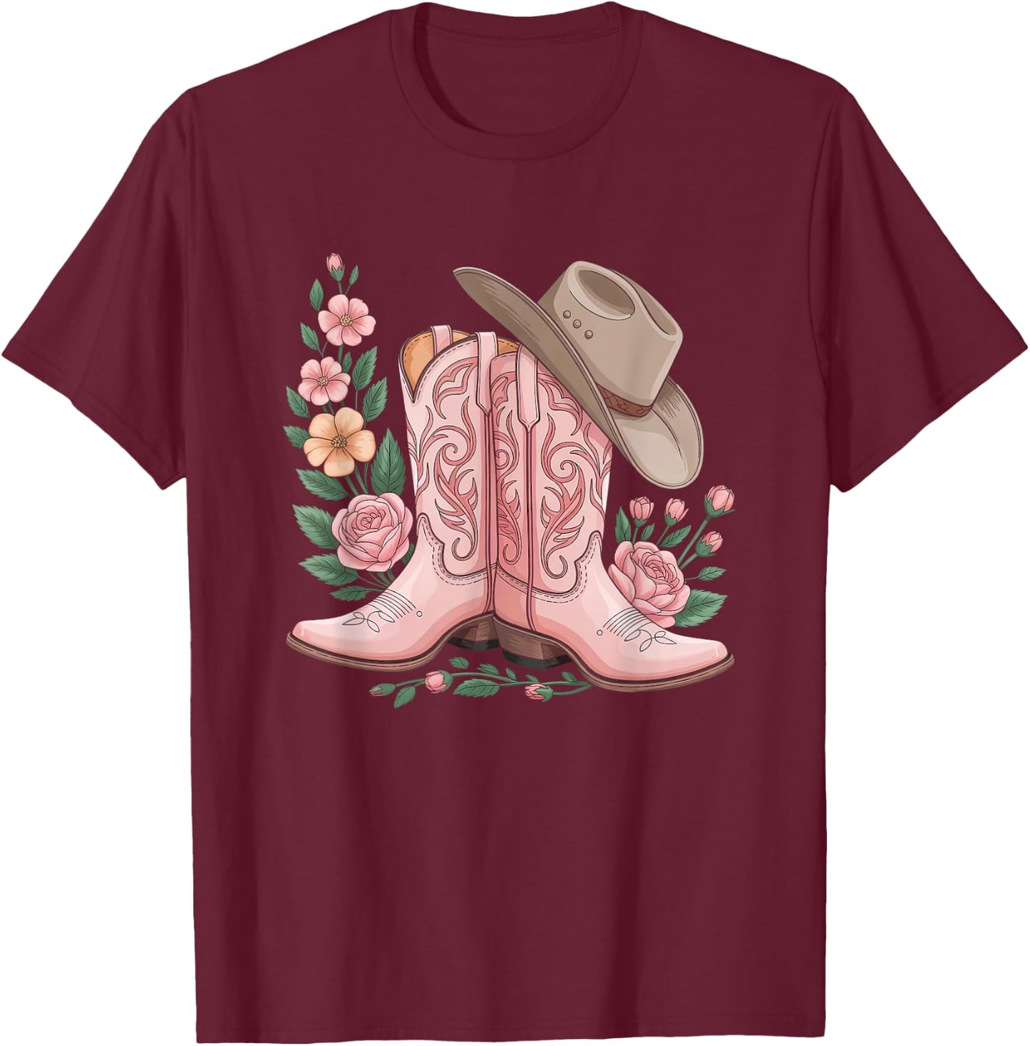 Cowboy Boot Western Country Cowgirl Flowers Girl Pink Woman T-Shirt - T-Shirt | Maroon