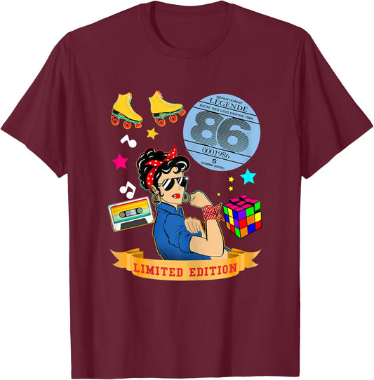 Anniversaire 1986 Vignette Auto Femme 39 Ans Légende Vintage T-Shirt - T-Shirt | Maroon