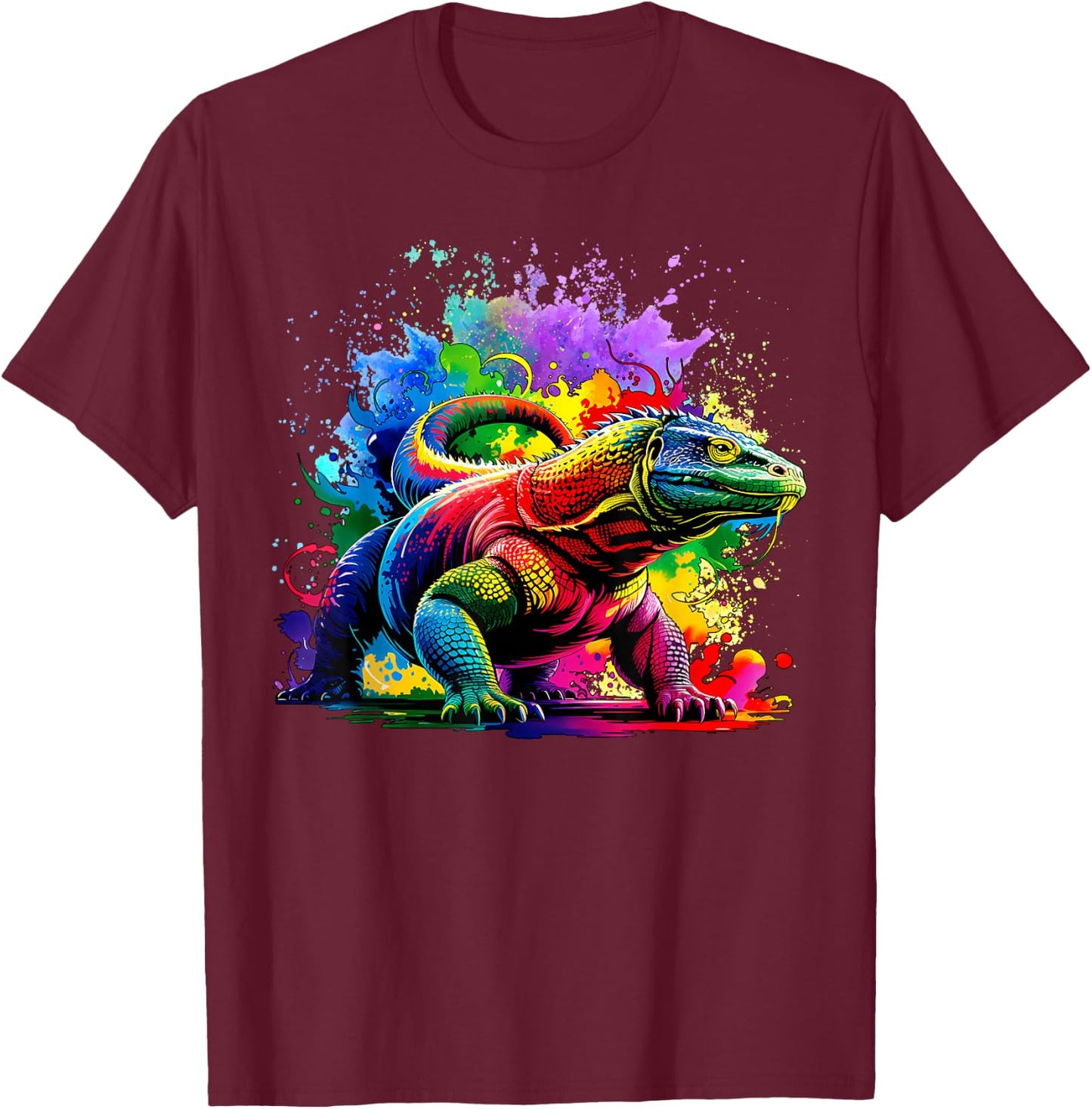 Colorful Splash Art Komodo Dragon Komodo Island Monitor T-Shirt - T-Shirt | Maroon
