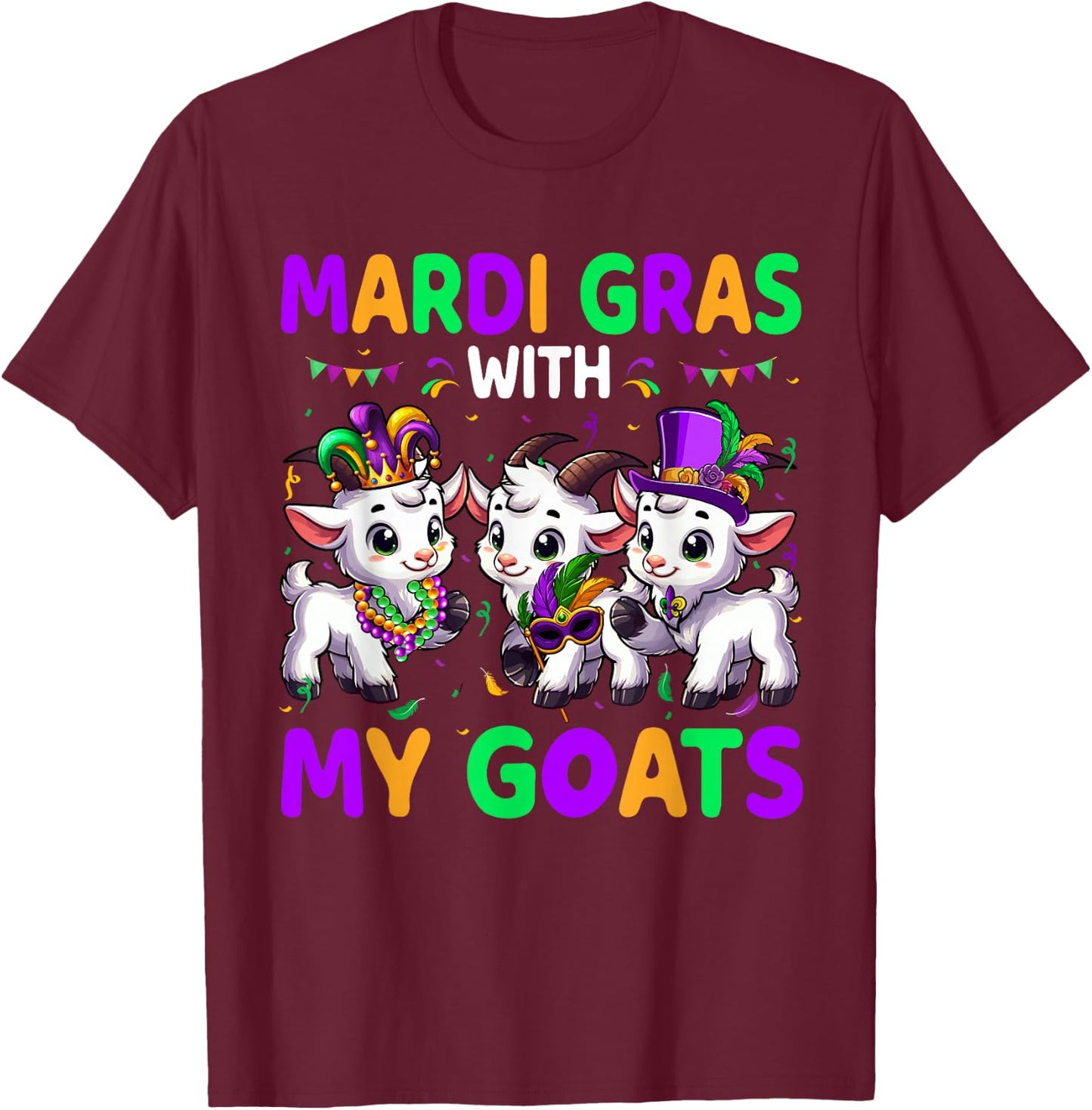 Mardi Gras With My Goats Three Cute Goats Masked Beads T-Shirt - T-Shirt | Maroon