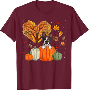 Autumn Fall Boston Terrier Shirt Men Autumn Season T-Shirt - T-Shirt | Maroon