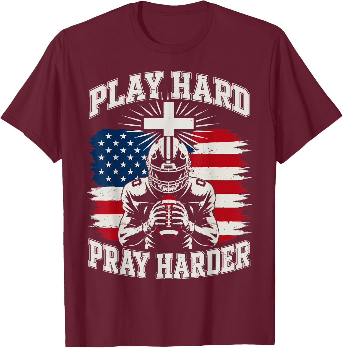 Youth Christian Football Play Hard Pray Harder American Flag T-Shirt - T-Shirt | Maroon