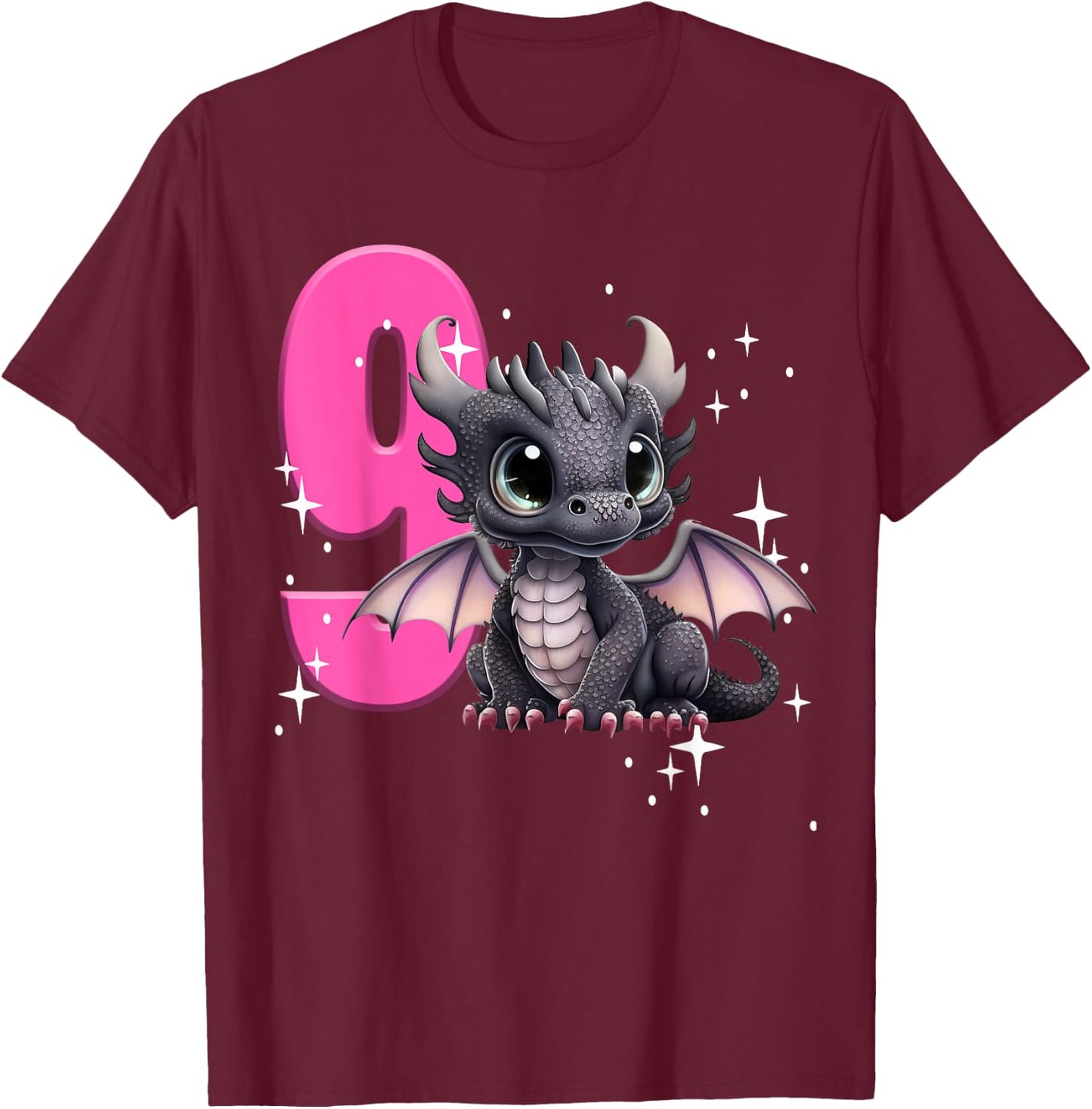 9th Birthday Shirt Dragon Party Birthday Girl Pink 9 Nine T-Shirt - T-Shirt | Maroon