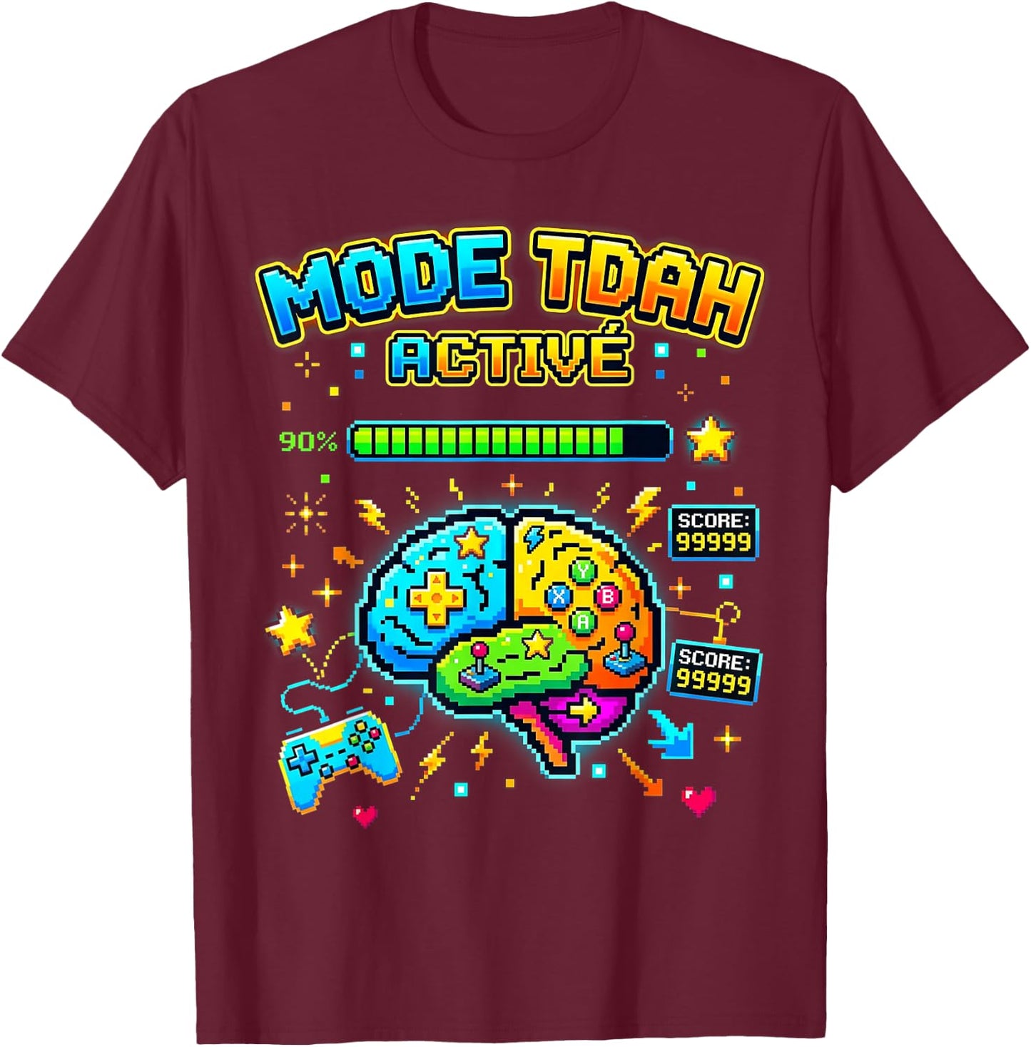 Gamer Mode TDAH Activé pour Neurodivergent Ado Enfant T-Shirt - T-Shirt | Maroon
