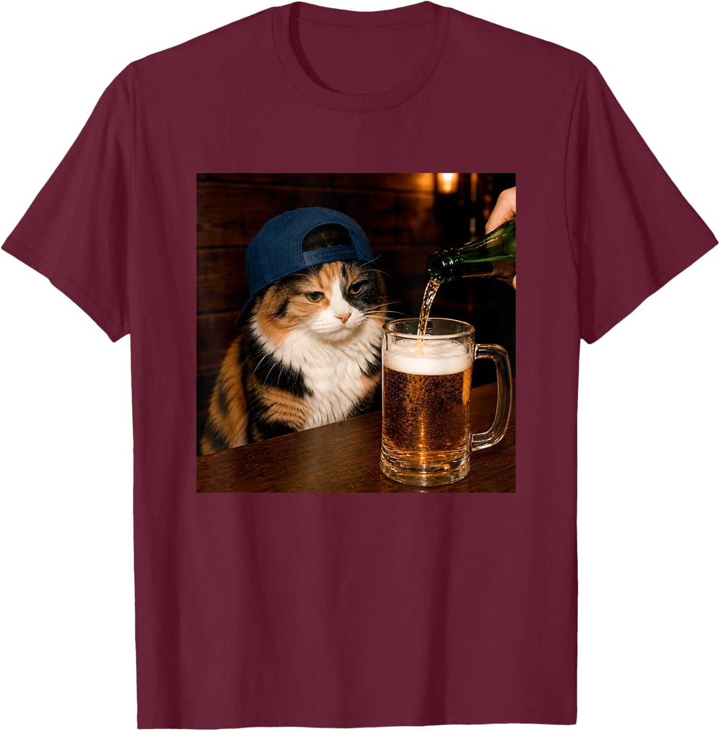 Funny Calico Drinking Beer Cat Meme T-Shirt - T-Shirt | Maroon