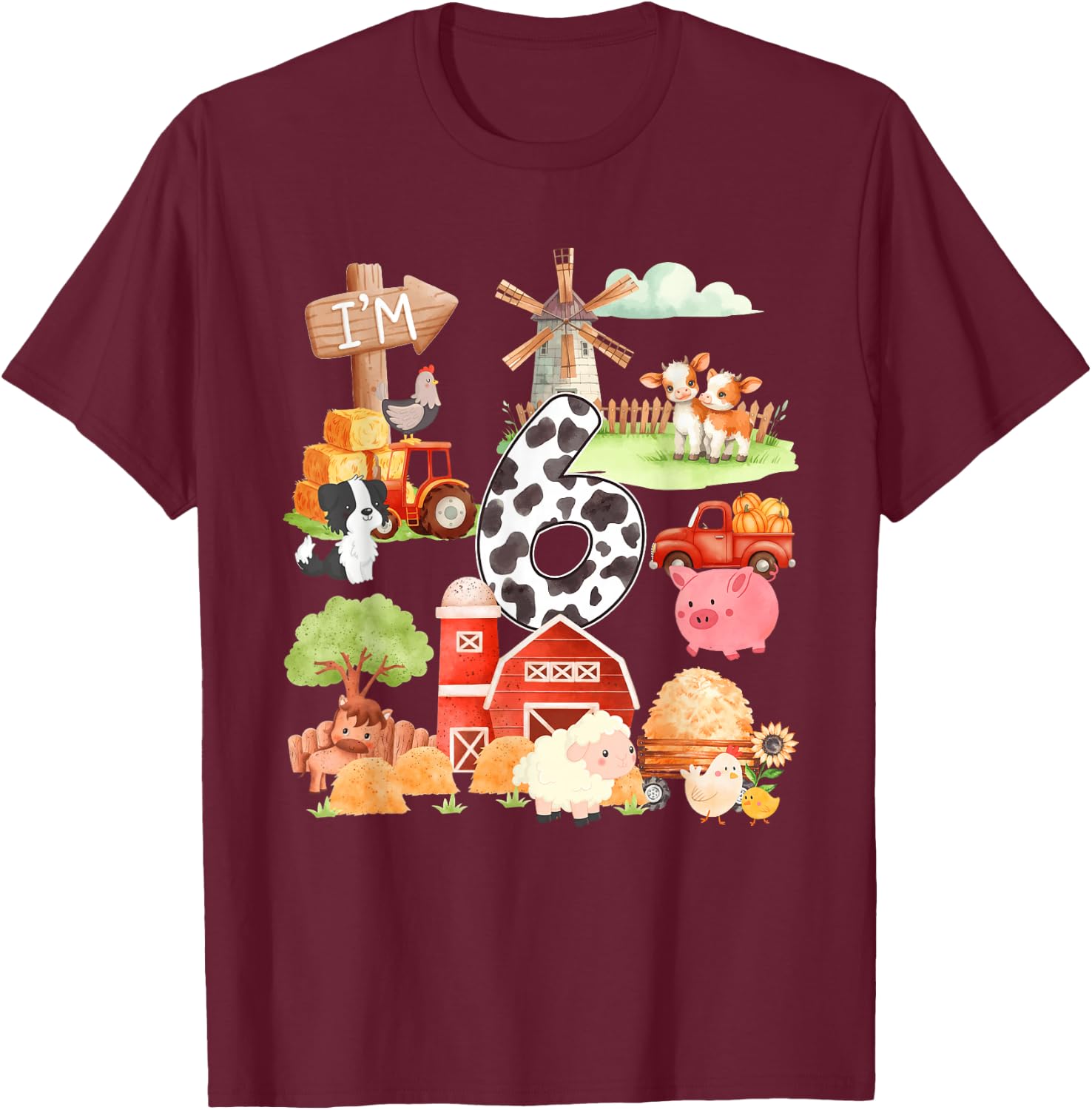 6 Year Old Farmer Lover 6th Birthday Farm Animals Theme T-Shirt - T-Shirt | Maroon