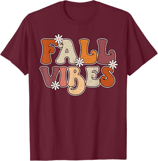 Fall Vibes Retro Groovy Thanksgiving Autumn Fall Lover Women T-Shirt - T-Shirt | Maroon