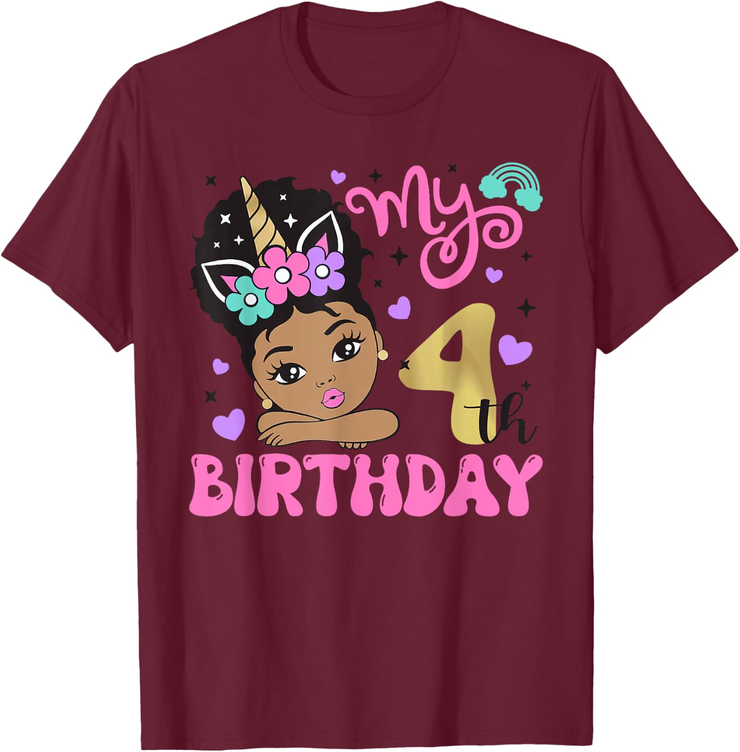 It's My 4th Birthday Black Girl 4 Years Old Melanin Kids T-Shirt - T-Shirt | Maroon